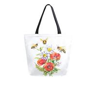 Bolso de mano de lona Abejas de miel Ramo floral Mujer Bolsa de playa Amapolas Manzanilla Flores silvestres Bolso de hombro Bolso grande reutilizable Ligero para ir de compras Viajes de comestibles