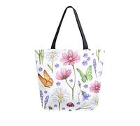 Bolso de mano de lona Flores silvestres Insectos Mujer Bolsa de playa Primavera Verano Bolso de hombro floral Bolso grande reutilizable Ligero para ir de compras Viajes de comestibles