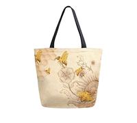 Bolso de mano de lona para mujer, estilo retro de abeja, flores silvestres, casual, grande, bolso de hombro, bolsas de comestibles, bolsas de compras