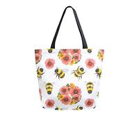 Bolso de mano de lona para mujer, lindo animal abeja flores silvestres casual grande bolso de hombro bolso de comestibles bolsas de compras