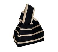 Bolso de mano de punto hecho a mano for mujer, minibolso de muñeca con nudo, informal, a rayas anchas, a cuadros, bolsas de compras reutilizables(Black)