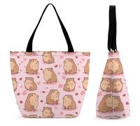 Bolso de mano para mujer con diseño de carpincho, color rosa y blanco, con rayas, de Love Capybara, de gran capacidad, para hombro, elegante, ideal para ir de compras y trabajar.