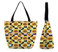 Bolso de mano para mujer con diseño de girasol, arcoíris, pastel y cuadros negros, con diseño de girasol, bandera estadounidense y leopardo, de gran capacidad, ideal para ir de compras y trabajar.