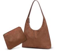 Bolso de mano para mujer, de gamuza, piel suave, bolso retro de gran capacidad, bolso de mano, bolso Hobo, bandolera para mujer con cremallera, 2 unidades, marrón