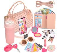 Bolso de mano para niña con maquillaje infantil - 14 piezas de juguete falso para niños, dinero de juego EUR, teléfono móvil, cartera, vaso, gafas de sol, llaves, tarjetas de crédito, regalo para