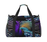 Bolso de mano plegable con estampado de pavo real morado con cremallera impermeable para escapadas de fin de semana