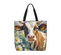 Bolso De Mano Vaca En Acuarela Y Flores De Margarita Reutilizables Bolso Mujer Bonitas Tote Bag Para Enfermería Trabajo Estudiantes
