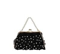 Bolso de noche de encaje para mujer, con cierre de beso floral, elegante, con correa de cadena, bolso de mano vintage de perlas para boda, graduación, fiesta de té, Black, 190.00x180.00x100.00mm