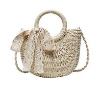Bolso de paja para la playa Bolso de paja tejido mimbre semicircular hecho a mano, bandoleras cruzadas verano for mujer, bolso playa pequeño for niñas(Beige Ribbon)