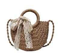 Bolso de paja para la playa Bolso de paja tejido mimbre semicircular hecho a mano, bandoleras cruzadas verano for mujer, bolso playa pequeño for niñas(Khaki Ribbon)
