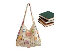 Bolso de paja para mujer, bohemio, de floral de ganchillo, bolso de playa hecho a mano, bolso de mano de ganchillo de floral, estilo folk, para citas, viajes, vacaciones, White, Refer to
