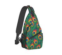 Bolso de Pecho para Hombres y Mujeres Compatible con Chic Animal Beautiful Peacock Feather Green Sling Shoulder Backpack Fashion Daypack, Outdoor Sport Ajustable con Cremallera Crossbody Bag con Gran