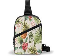 Bolso de pecho Planta tropical Floral Acuarela Pino Verde Hojas de palma Flor rosa roja, Bolsos de bandolera Bolso bandolera multiusos Mochila impermeable Viajes Senderismo Paquete de pecho de moda pa