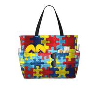 Bolso de playa con diseño de rompecabezas colorido para concienciar sobre el autismo. Bolso de mano para mujer. Bolso de piscina con cremallera para gimnasio, supermercado y viajes. Incluye bolsillo i