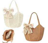 Bolso de Playa de Ganchillo, Bolso de Verano con Bolsillo Interior con Cordón, Bolso Casual y Estiloso (Blanco + marrón)