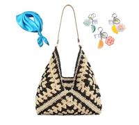 Bolso de playa de paja Hobo for mujer, bolso de mano tejido de viaje, bolso de hombro de ganchillo de verano, bolso plegable vintage(Black)