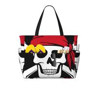 Bolso de playa grande con estampado de calavera y tibias cruzadas de pirata para mujer con cremallera y bolsillo impermeable, bolso de gimnasio ligero y plegable para viajes, compras, natación, deport