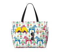 Bolso de playa grande para mujer con estampado de caballo Daleclarian, arte popular sueco, con cremallera y bolsillo impermeable, bolso de gimnasio ligero y plegable para viajes, compras, natación y