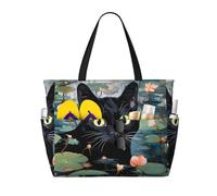 Bolso de playa grande y divertido con estampado de nenúfares y gatos negros para mujer, con cremallera y bolsillo impermeable, bolso de gimnasio ligero y plegable para viajes, compras, natación y dep