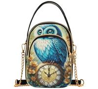 Bolso de un solo hombro para mujer, correa de cadena floral, cartera para teléfono, bolso acolchado con cremallera, bolso de bolos para dama, diseño de búho azul, 15 x 8 x 21 cm
