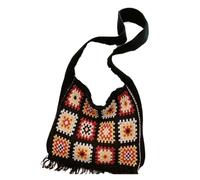 Bolso Ganchillo Flores Bolsos de mano tejidos a crochet con cuadrados de abuelita de colores for mujer, bolso de mercado azul beige, bolso de playa estilo hippie vintage for verano.(Black)