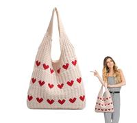 Bolso mujer grande rojo para playa y uso diario, bolso de hombro tejido a mano con diseño de corazón, bolso de mano suave y lavable con gran capacidad