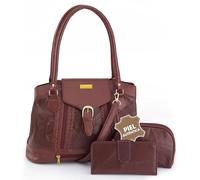 Bolso Piel ORLEANS para Mujer. Asa de Hombro y Bandolera. Ideal Trabajo y Ocio. Múltiples compartimentos, incluido para paraguas. Diseño Elegante y Actual. Color Burdeos. Con Cartera y Neceser a juego