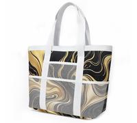 Bolso Playa Mujer Mármol Negro Dorado Tote Bag Bolsa Playa Shopper Bolsa de Viaje Bags For Women Ligero Bolso Shopper Plegable Tote Bag Cremallera Resistente Natación Beach Bag 33x32cm/3 Pieza