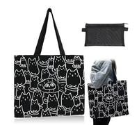 Bolso shopper mujer, bolso de pescado y gato de moda de gran capacidad, bolsa de compras de lona casual con cremallera, adecuada para la playa de trabajo escolar, bolsa de malla negra