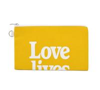 Bolso tipo cartera de lona, con texto en inglés "Love Lives Here on Yellow", monedero con cremallera, pequeña bolsa de cosméticos