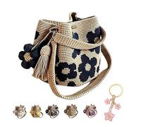 Bolso Tote de Ganchillo Hecho a Mano, Estilo Boho con Flores 3D y Borla, Bolso de Playa de Verano en Algodón Premium (A)