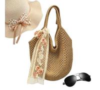 Bolso Tote De Tejido A Ganchillo Para Mujeres,Estilo Boho, Diseño Calado, Malla Y Encaje, Y Cinta - Tote De Playa De Punto Casual,para Gafas de Sol, Protección Solar, Cosméticos, Compras y Viajes de V