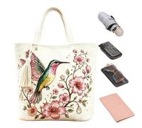 Bolso Tote Tejido A Ganchillo Tote con Estampado de Flores y Colibrí