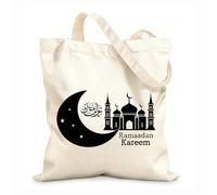 Bolsos de lona de algodón para mujer Caligrafía islámica de la mezquita con luna creciente y estrellas de Ramadán Kareem Tela de 12 oz de grosor Material agradable para la piel 31x36cm Mediano