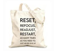 Bolsos de lona de algodón para mujer Reinicia, recalibra, comienza de nuevo tantas veces como sea necesario y nunca te rindas. Tela de 12 oz de grosor Material agradable para la piel 25x30cm Pequeño