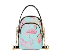 Bolsos de mano con correa de cadena estampada para teléfono celular, bolso cruzado acolchado con cremallera, flamencos rosas, hojas pastel, azul