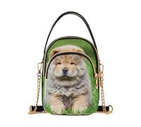 Bolsos de un solo hombro Chow Puppy Dog Grass con cadena acolchada cartera para teléfono celular, lindo bolso con cremallera para mujer, 5.9 x 8.3 x 3.1 pulgadas