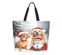 Bolsos Shopper Perros Dorados Con Gorros De Papá Noel, Escena Navideña Mujer Bolsos De Hombro Grande Bolso Tote Elegante Bolsa De Mano Para Viaje Compras Trabajo