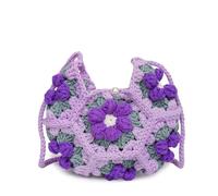 Bolsos Tejidos Crochet Bolso bandolera de un solo hombro con diseño flor abullonada tridimensional, bolso hecho a mano(Purple)