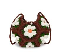 Bolsos Tejidos Crochet Bolso bandolera de un solo hombro con diseño flor abullonada tridimensional, bolso hecho a mano(Brown)