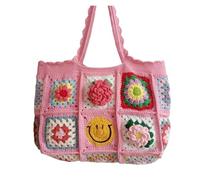 Bolsos Tejidos Crochet Bolso de hombro grande con diseño fresa y cereza crochet, estilo vintage, hecho a mano, granny square DIY(Color 2)