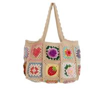 Bolsos Tejidos Crochet Bolso de hombro grande con diseño fresa y cereza crochet, estilo vintage, hecho a mano, granny square DIY(Color 1)