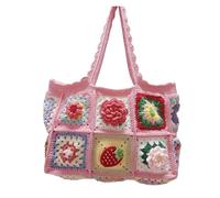Bolsos Tejidos Crochet Bolso de hombro grande con diseño fresa y cereza crochet, estilo vintage, hecho a mano, granny square DIY(Color 3)