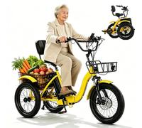 BoluDukNN Triciclo Eléctrico para Adultos, 18 Pulgadas Plegable con Neumáticos Anchos 3 Ruedas, Bicicleta Eléctrica De 3 Ruedas con Cesta Delantera Y Trasera,Ideal para Desplazamientos Diarios Yellow
