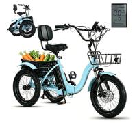 BoluDukNN Triciclo Eléctrico para Adultos, Trike Eléctrico Plegable De 18 Pulgadas con Respaldo, 7 Velocidades,Cesta Delantera Y Trasera, para Viajes Y Compras De Personas Mayores Blue