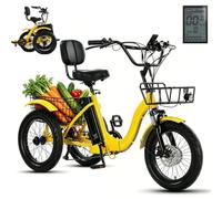 BoluDukNN Triciclo Eléctrico para Adultos, Trike Eléctrico Plegable De 18 Pulgadas con Respaldo, 7 Velocidades,Cesta Delantera Y Trasera, para Viajes Y Compras De Personas Mayores Yellow