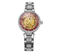 BOLYTE Reloj automático y manual para mujer, esfera de esqueleto, carcasa transparente, pulsera de acero inoxidable con tachuelas de cristal con cierre de mariposa, Plata - Fushia, Moderno