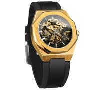 BOLYTE Reloj mecánico automático esqueleto para hombre con manecillas luminosas, correa de silicona negra, caja octogonal, dorado, Militar