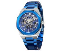 BOLYTE Reloj mecánico de esqueleto para hombre, diseño automático de corazón abierto, caja octogonal, correa de acero inoxidable, reloj de esqueleto de alta calidad para uso casual y formal, Azul