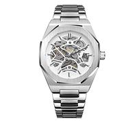 BOLYTE Reloj mecánico de Esqueleto para Hombre, diseño automático de corazón Abierto, Correa de Acero Inoxidable, Reloj de Esqueleto para Uso Casual y Formal, Plateado y Blanco